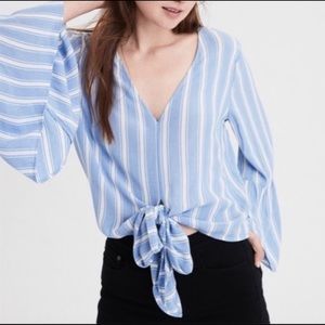 American Eagle Blue White Striped Bell Sleeve Tie Front Top Cowgirl Core Size S